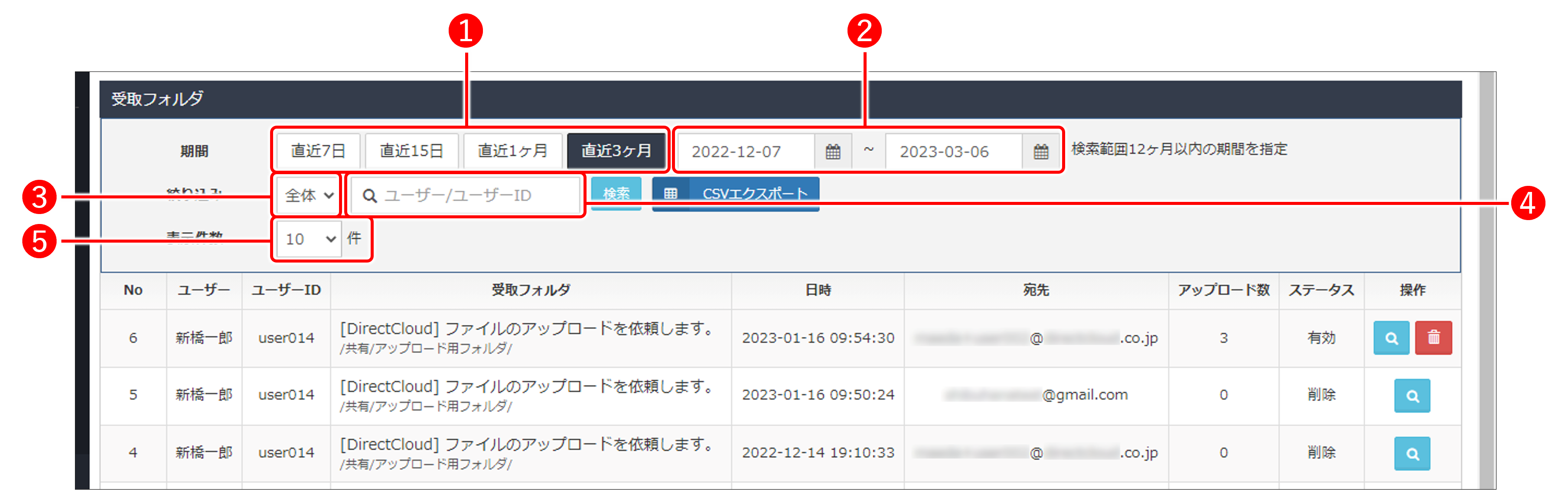 受取フォルダのリンク送信履歴とアップロードされたファイルの履歴を